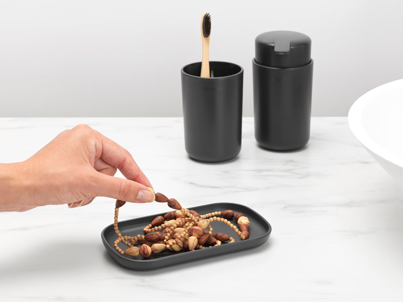 ReNew Bathroom Accessory Set - soap dispenser, toothbrush holder and tray - Dark Grey-7016